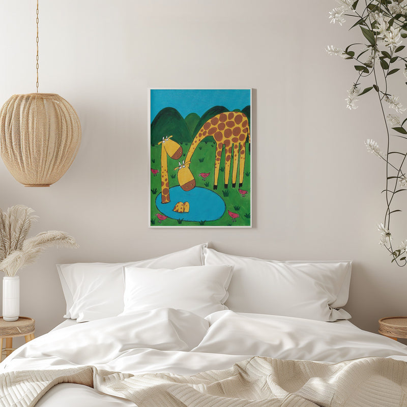 Mommy with Baby Giraffe in a Watering Hole by Artist Carla Daly - Stretched Canvas, Poster or Fine Art Print I Heart Wall Art