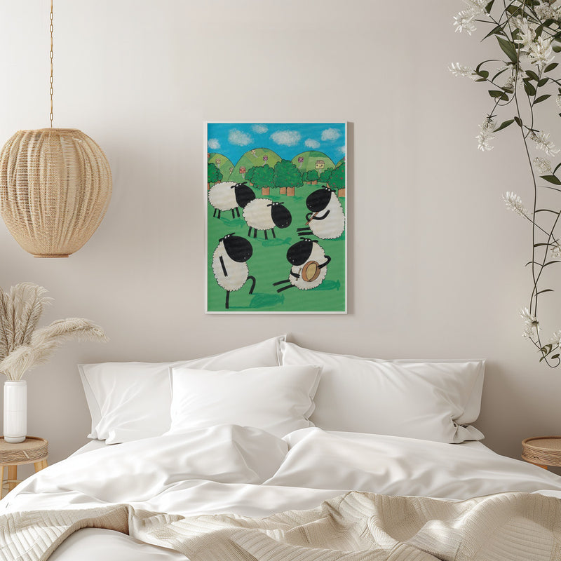 Funny Sheep Dancing in a Green Field by Artist Carla Daly - Stretched Canvas, Poster or Fine Art Print I Heart Wall Art