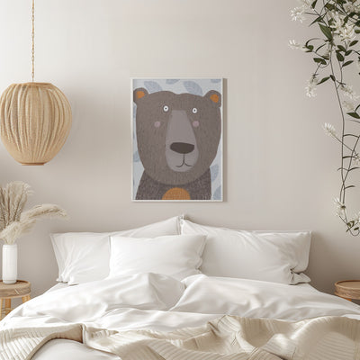 Cute Brown Bear with Grey Leaf Pattern by Artist Carla - Stretched Canvas, Poster or Fine Art Print I Heart Wall Art