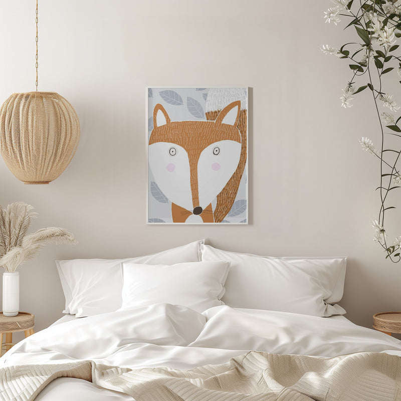 Cute Red Fox with Grey Leaf Pattern by Artist Carla Daly - Stretched Canvas, Poster or Fine Art Print I Heart Wall Art