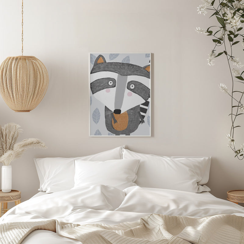 Cute Raccoon with Grey Leaf Pattern by Artist Carla Daly - Stretched Canvas, Poster or Fine Art Print I Heart Wall Art