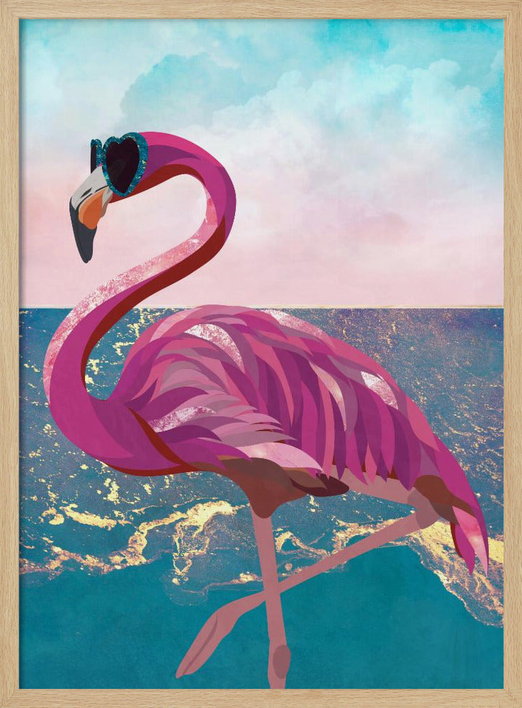 Flamingo goes to the beach - Stretched Canvas, Poster or Fine Art Print I Heart Wall Art