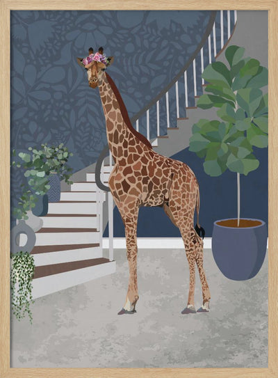 Giraffe by the stairs - Stretched Canvas, Poster or Fine Art Print I Heart Wall Art