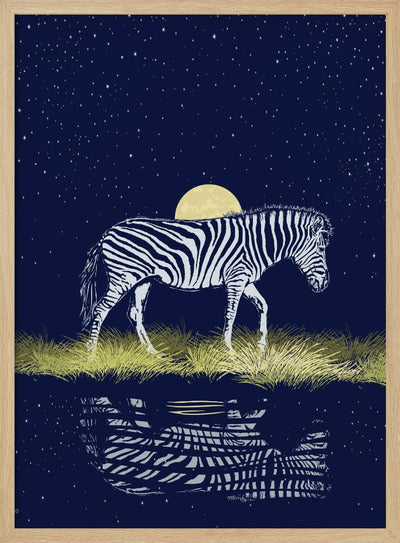 Zebra Waterhole Moonrise - Stretched Canvas, Poster or Fine Art Print I Heart Wall Art