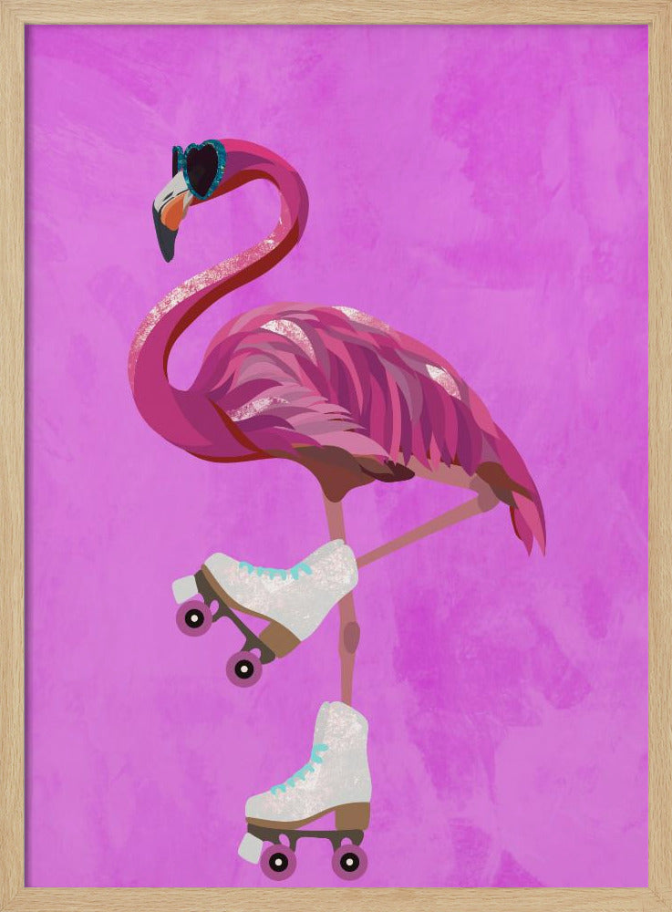 Pink Flamingo Roller Skating - Stretched Canvas, Poster or Fine Art Print I Heart Wall Art