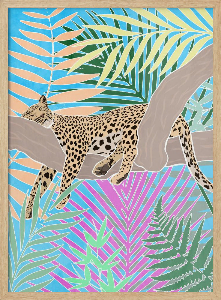 Jaguar Sleeping in colourful jungle - Stretched Canvas, Poster or Fine Art Print I Heart Wall Art