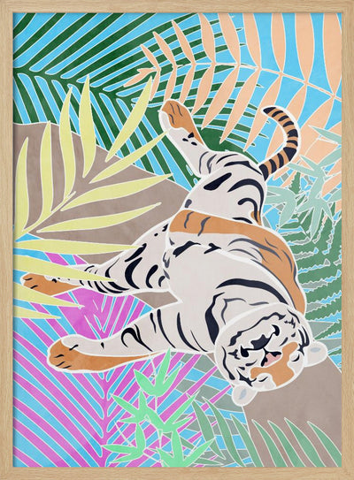 Tiger Sleepling in colourful jungle - Stretched Canvas, Poster or Fine Art Print I Heart Wall Art