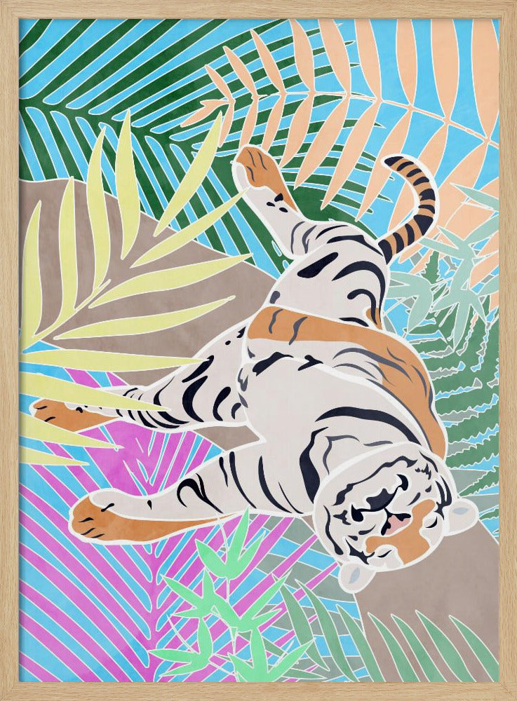 Tiger Sleepling in colourful jungle - Stretched Canvas, Poster or Fine Art Print I Heart Wall Art