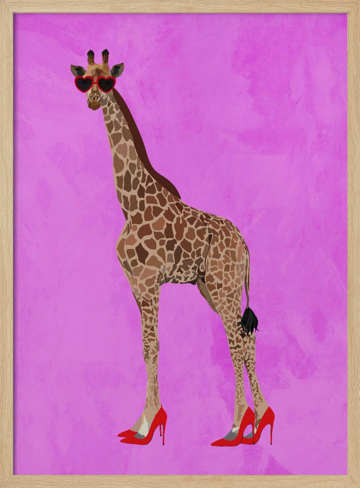 Giraffe wearing heels and heart glasses pink - Stretched Canvas, Poster or Fine Art Print I Heart Wall Art