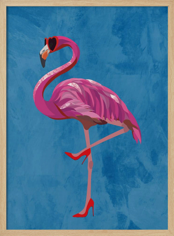 Flamingo in heels and heart glasses blue - Stretched Canvas, Poster or Fine Art Print I Heart Wall Art