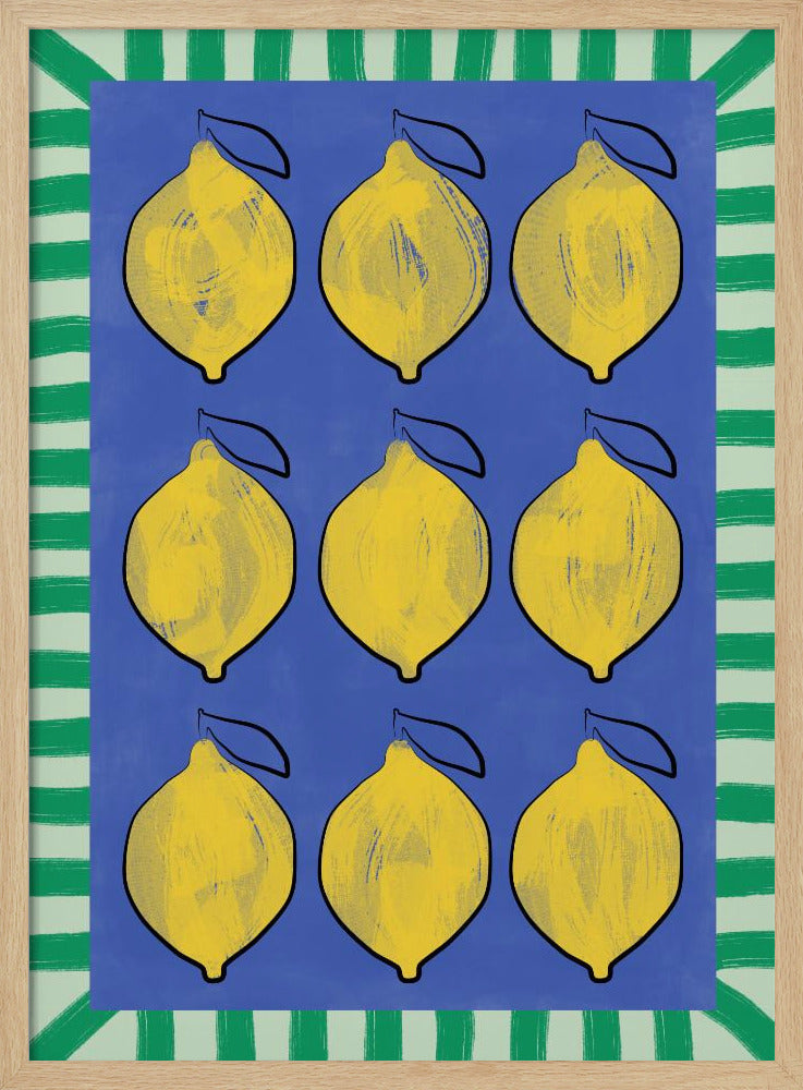 Vibrant Yellow Lemons on a Deep Blue - Stretched Canvas, Poster or Fine Art Print I Heart Wall Art