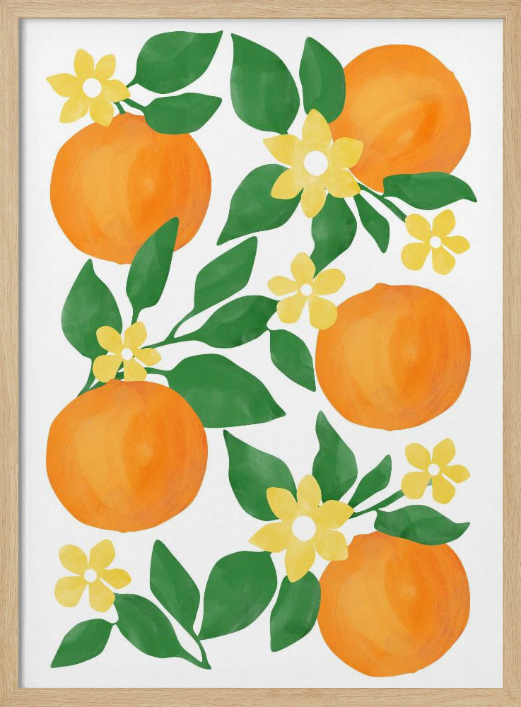 Oranges with Green Leaves and Delicate Yellow Flowers - Stretched Canvas, Poster or Fine Art Print I Heart Wall Art