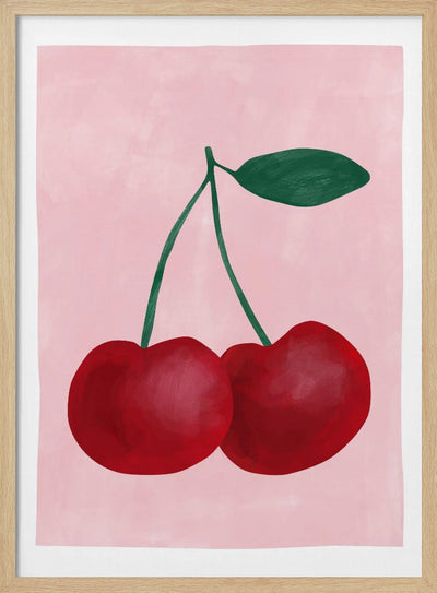 Red Cherries with a Green Leaf - Stretched Canvas, Poster or Fine Art Print I Heart Wall Art