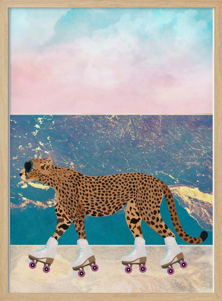 Cheetah Rollerskating on the beach - Stretched Canvas, Poster or Fine Art Print I Heart Wall Art