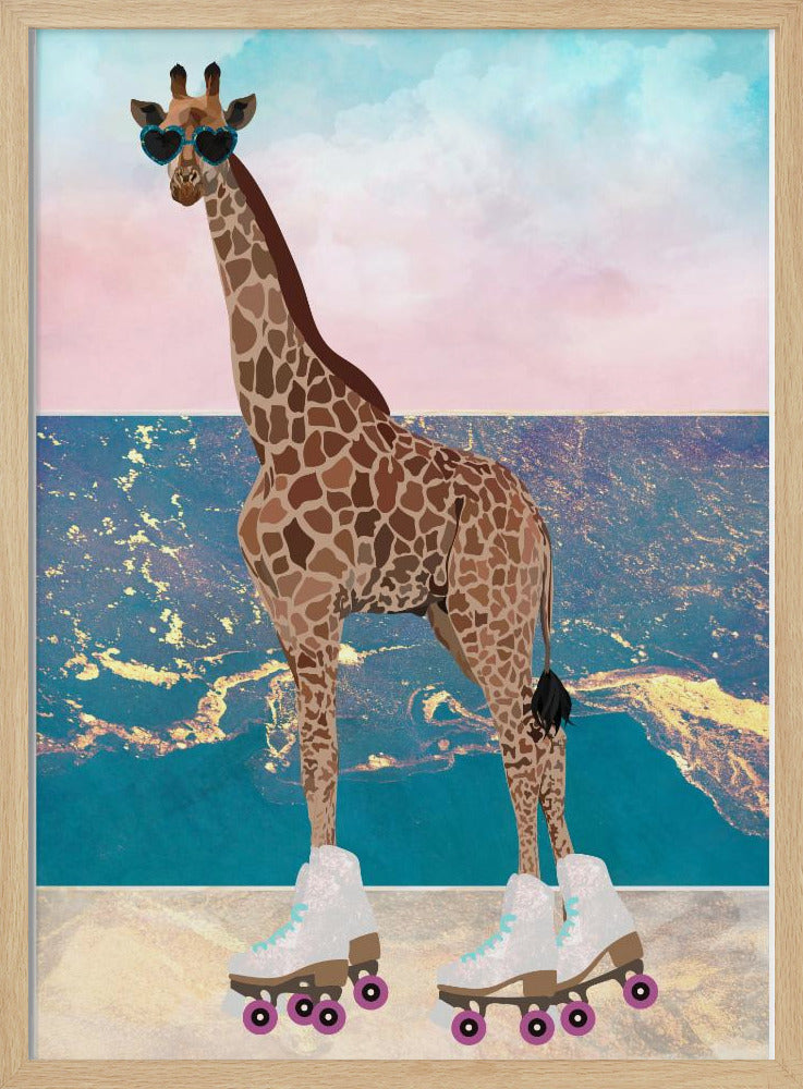 Giraffe On Holiday rollerskating - Stretched Canvas, Poster or Fine Art Print I Heart Wall Art