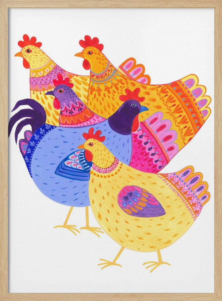 Colour Hens and Cockerel - Stretched Canvas, Poster or Fine Art Print I Heart Wall Art