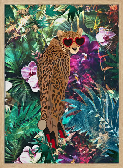 Tropical Floral Jungle - Cheetah in heels 2 - Stretched Canvas, Poster or Fine Art Print I Heart Wall Art