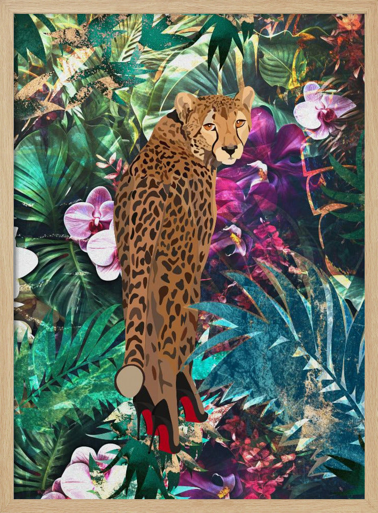 Tropical Floral Jungle - Cheetah in heels - Stretched Canvas, Poster or Fine Art Print I Heart Wall Art