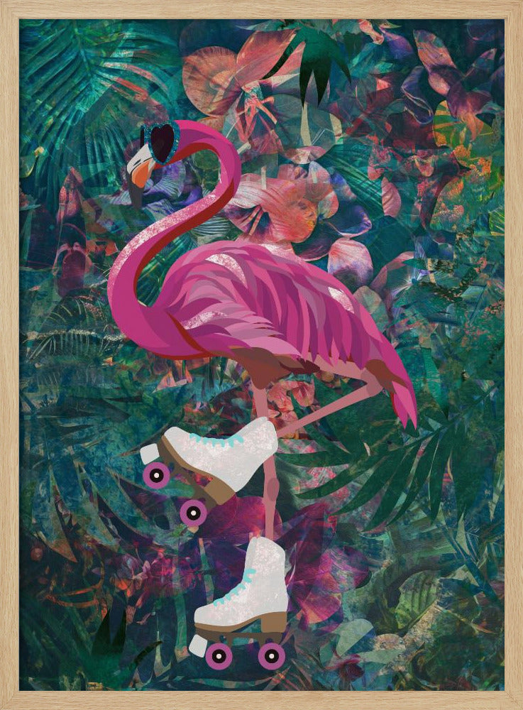 Tropical Floral Jungle - FLamingo rollerskating - Stretched Canvas, Poster or Fine Art Print I Heart Wall Art