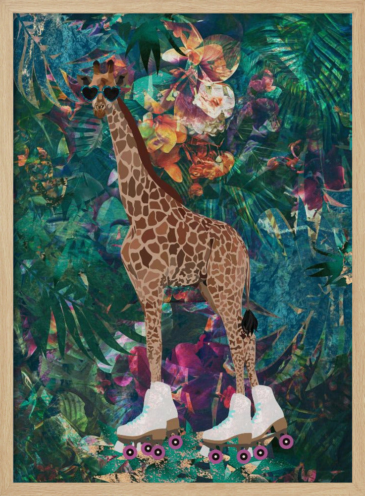 Tropical Floral Jungle - Giraffe rollerskating - Stretched Canvas, Poster or Fine Art Print I Heart Wall Art