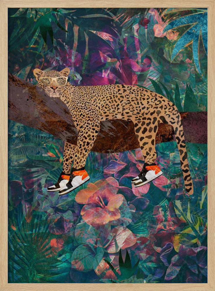 Tropical Floral Jungle - Leopard wearing shoes - Stretched Canvas, Poster or Fine Art Print I Heart Wall Art