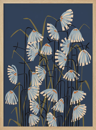 Linocut Flower Meadow Blue - Stretched Canvas, Poster or Fine Art Print I Heart Wall Art