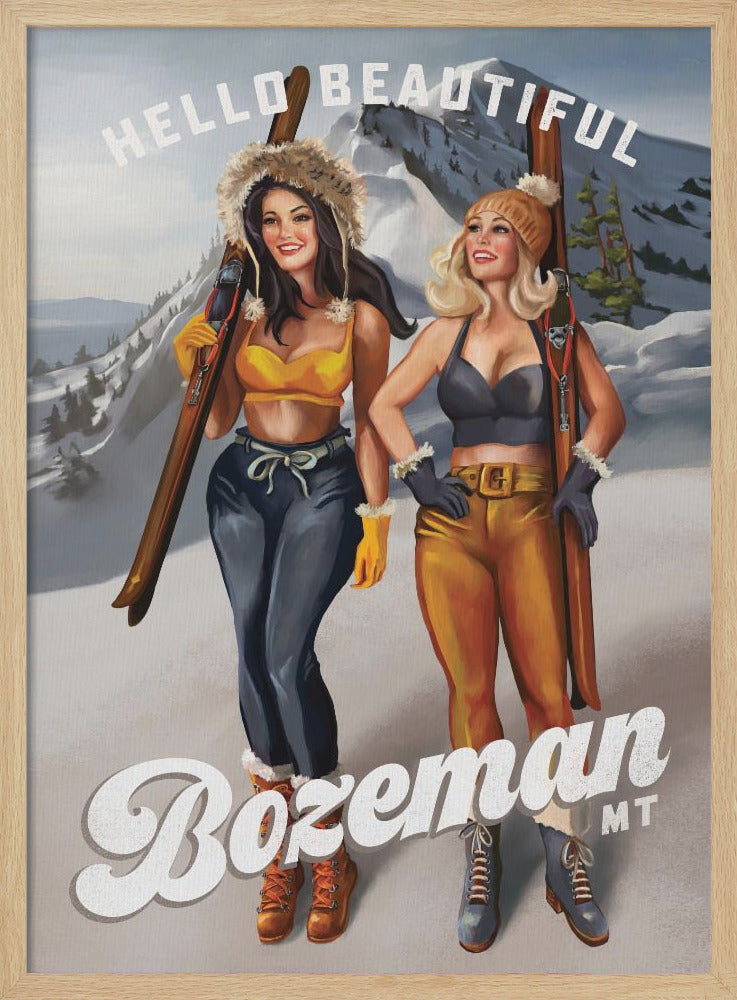 Hello Beautiful Bozeman Montana Ski Pinup Girls - Stretched Canvas, Poster or Fine Art Print I Heart Wall Art