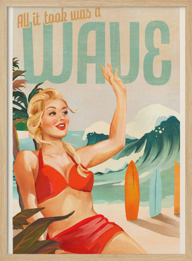 Surfing Pinup Girl On Beach In Bikini - Stretched Canvas, Poster or Fine Art Print I Heart Wall Art