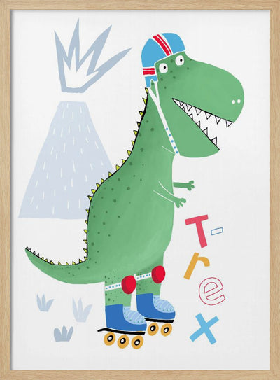 Funny T-Rex on Rollerblades with Volcano by Artist Carla Daly - Stretched Canvas, Poster or Fine Art Print I Heart Wall Art