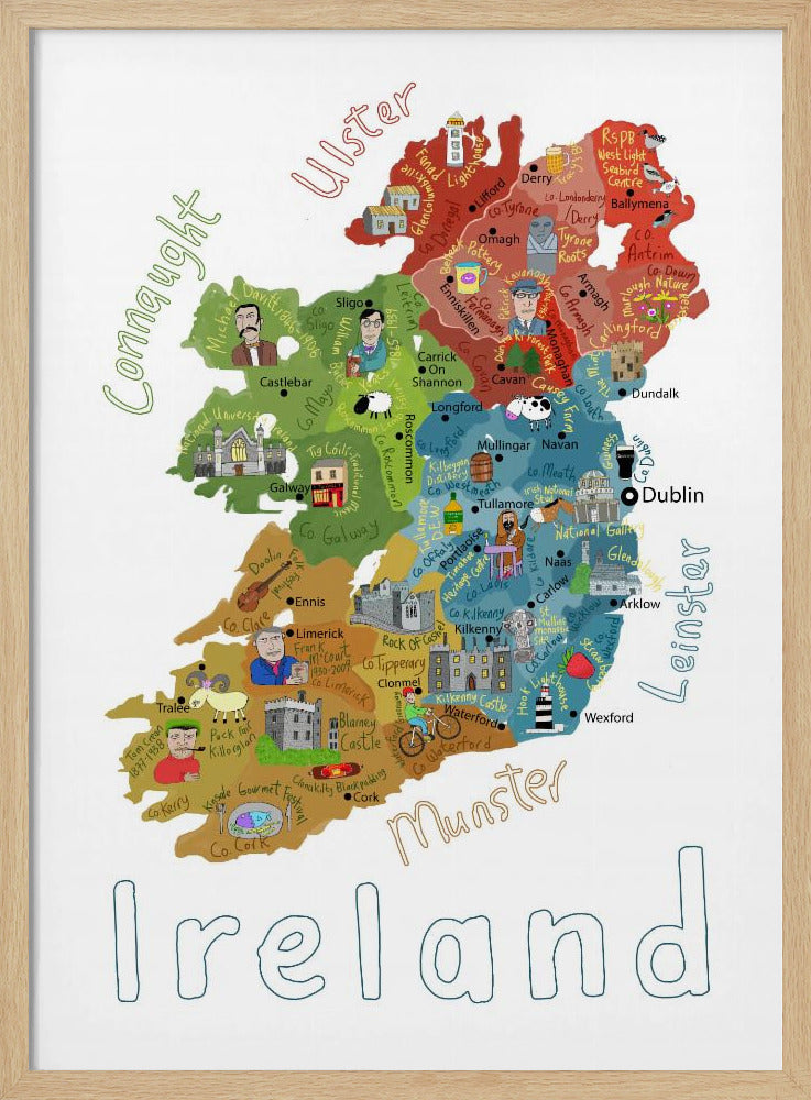 Illustrated Map of Ireland with Country Icons by Carla Daly - Stretched Canvas, Poster or Fine Art Print I Heart Wall Art