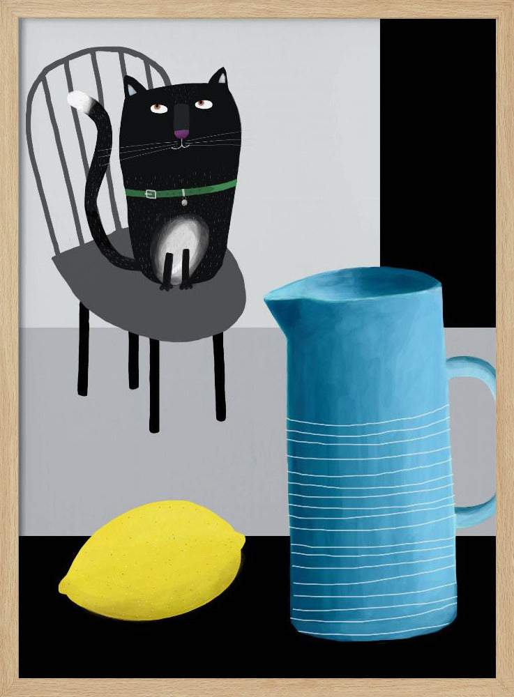 Cute Black Cat sitting on a Chair with Blue Vase and Lemon - Stretched Canvas, Poster or Fine Art Print I Heart Wall Art