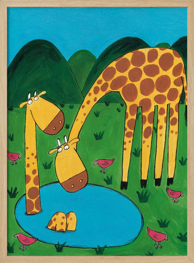 Mommy with Baby Giraffe in a Watering Hole by Artist Carla Daly - Stretched Canvas, Poster or Fine Art Print I Heart Wall Art