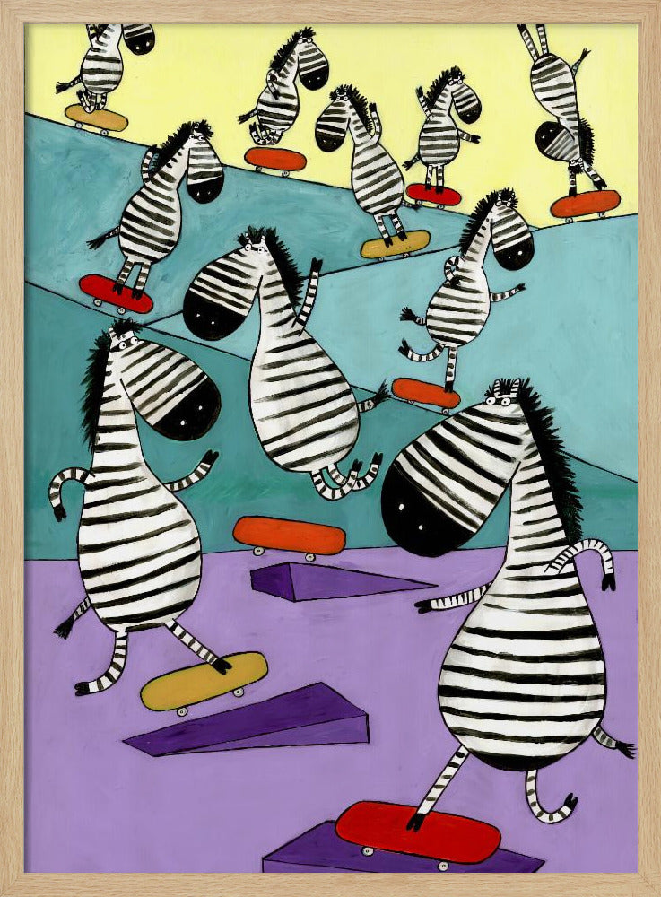 Hilarious Zebras in the Skatepark by Artist Carla Daly - Stretched Canvas, Poster or Fine Art Print I Heart Wall Art