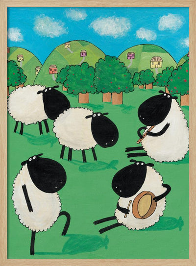 Funny Sheep Dancing in a Green Field by Artist Carla Daly - Stretched Canvas, Poster or Fine Art Print I Heart Wall Art