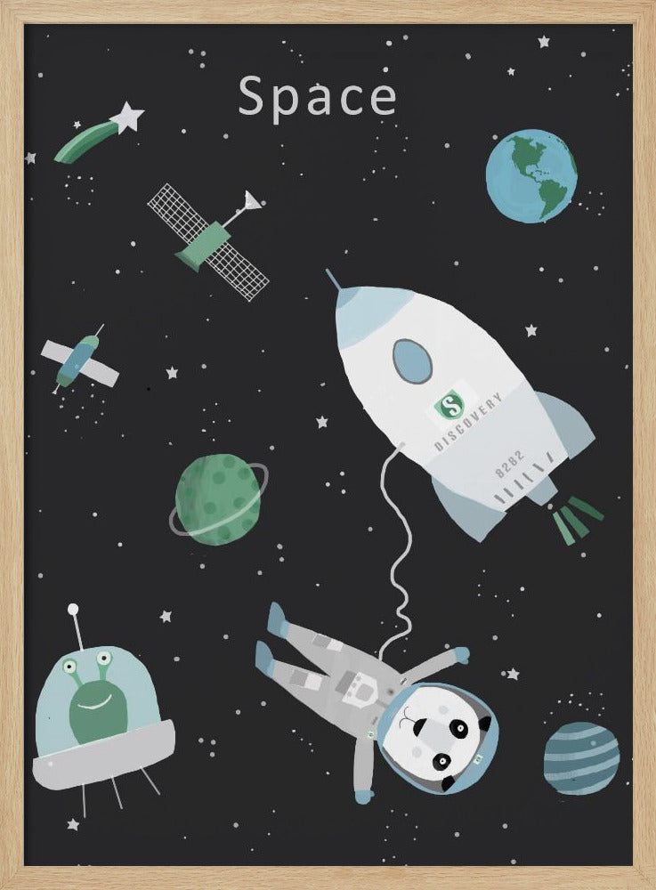 Funny Panda with Space Rocket by Artist Carla Daly - Stretched Canvas, Poster or Fine Art Print I Heart Wall Art