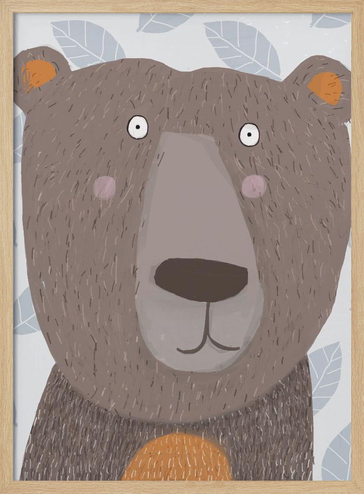 Cute Brown Bear with Grey Leaf Pattern by Artist Carla - Stretched Canvas, Poster or Fine Art Print I Heart Wall Art