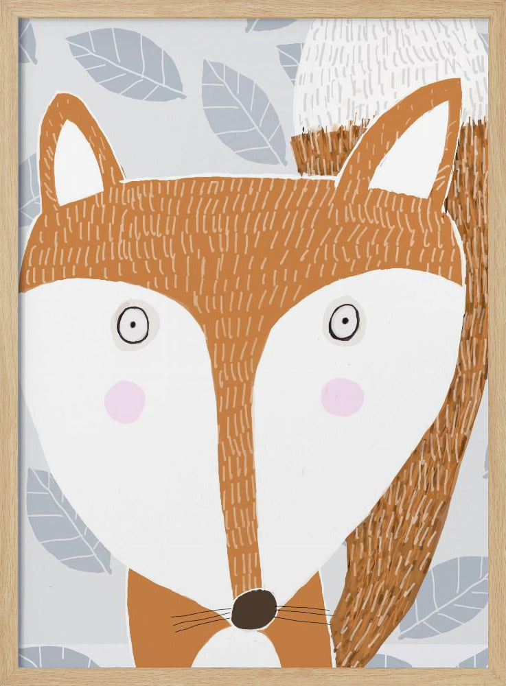 Cute Red Fox with Grey Leaf Pattern by Artist Carla Daly - Stretched Canvas, Poster or Fine Art Print I Heart Wall Art