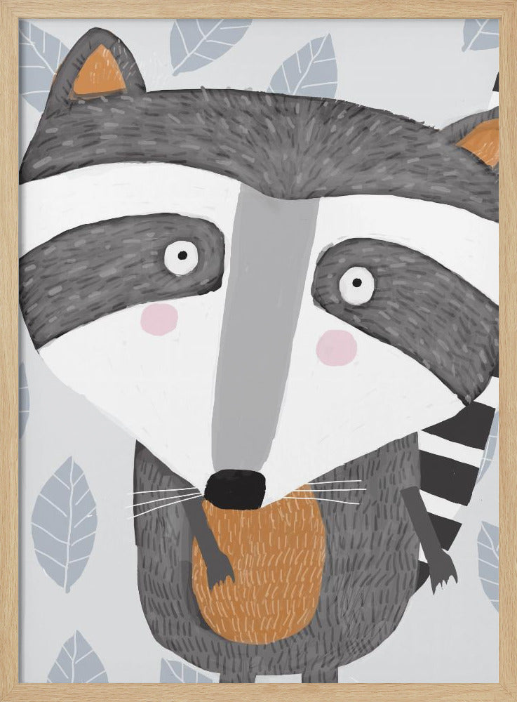 Cute Raccoon with Grey Leaf Pattern by Artist Carla Daly - Stretched Canvas, Poster or Fine Art Print I Heart Wall Art