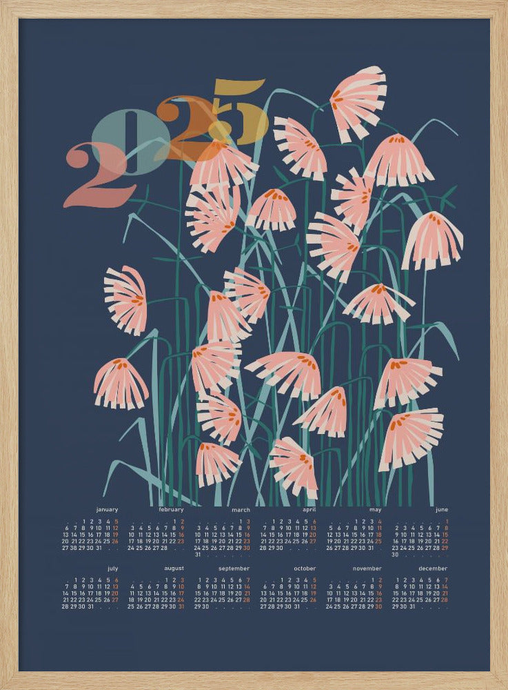 calendar 2025 Linocut flowers blue - Stretched Canvas, Poster or Fine Art Print I Heart Wall Art