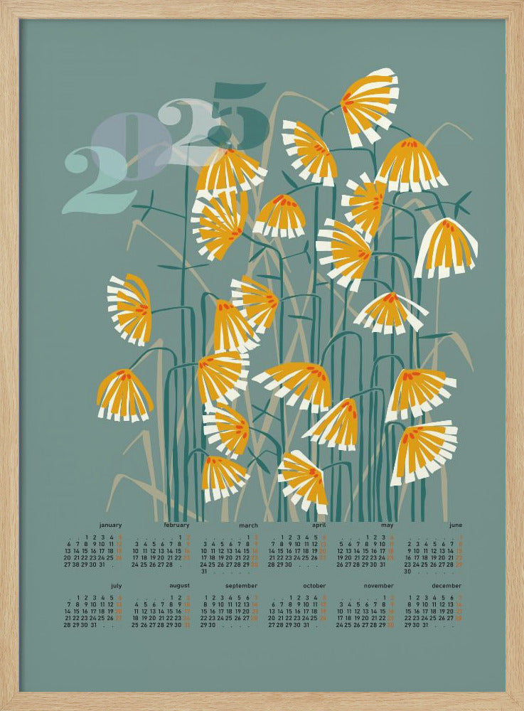 calendar 2025 Linocut flowers green - Stretched Canvas, Poster or Fine Art Print I Heart Wall Art