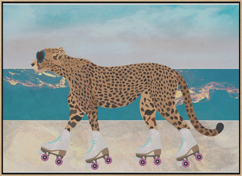 Cheetah Rollerskating Landscape Beach 01 - Stretched Canvas, Poster or Fine Art Print I Heart Wall Art