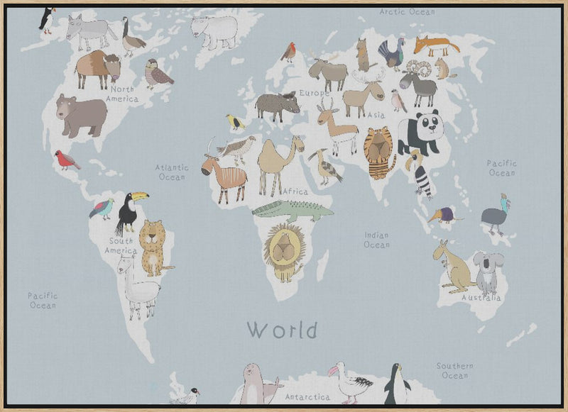 Illustrated Map of the World with Cute Animals - Stretched Canvas, Poster or Fine Art Print I Heart Wall Art