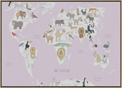 Illustrated Map of the World with Cute Animals - Stretched Canvas, Poster or Fine Art Print I Heart Wall Art