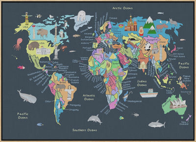 Educational Illustrated Map of the World for Kids - Stretched Canvas, Poster or Fine Art Print I Heart Wall Art