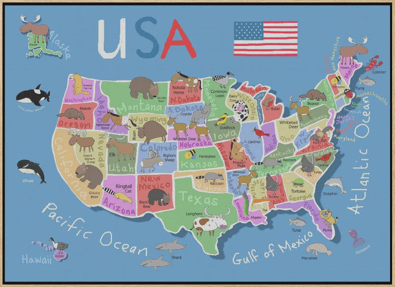 Illustrated Map of United States of America by Carla Daly - Stretched Canvas, Poster or Fine Art Print I Heart Wall Art