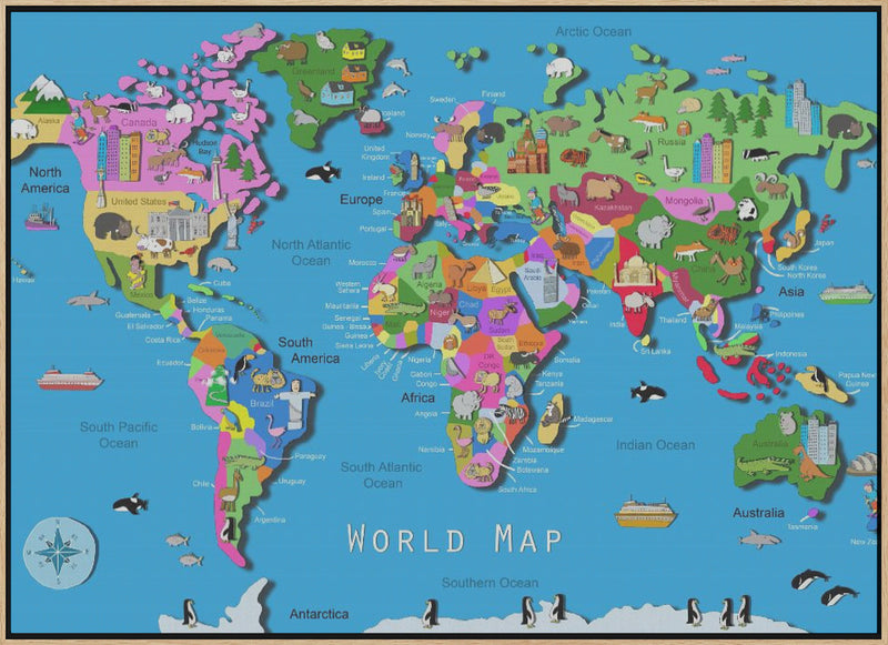 Illustrated World Map with Countries and Continents by Carla Daly - Stretched Canvas, Poster or Fine Art Print I Heart Wall Art