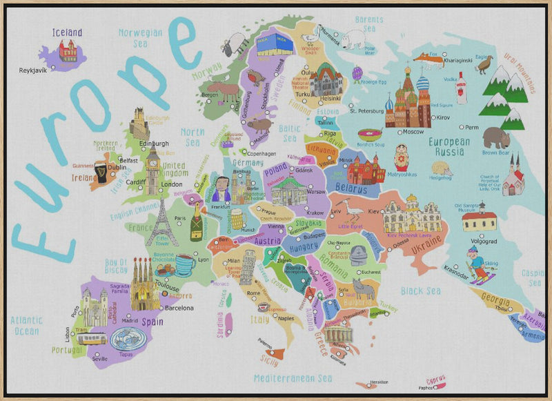 Illustrated Map of Europe by Map Illustrator Carla Daly - Stretched Canvas, Poster or Fine Art Print I Heart Wall Art