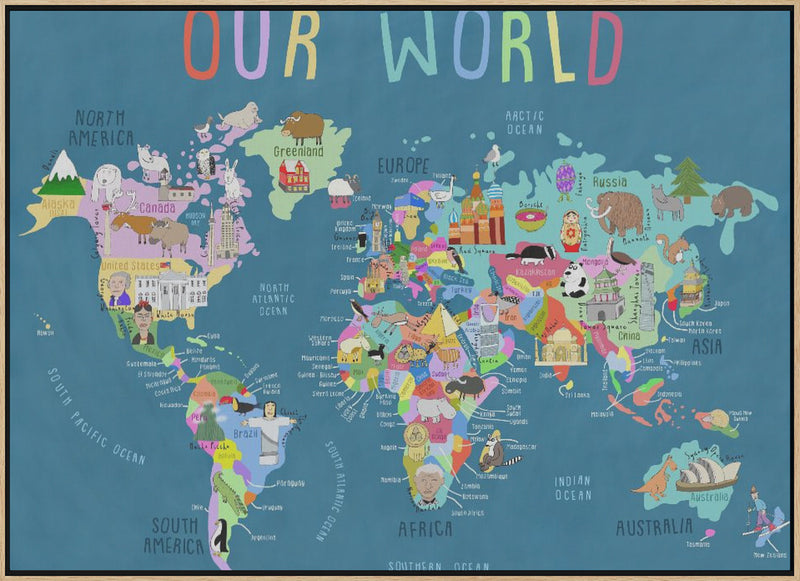 Our World Illustrated World Map for Kids - Stretched Canvas, Poster or Fine Art Print I Heart Wall Art