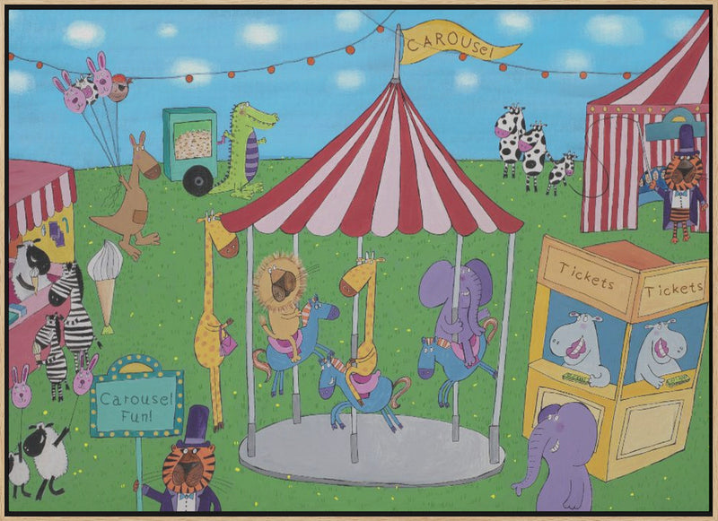 Welcome to the Carousel with Funny Animals by Artist Carla Daly - Stretched Canvas, Poster or Fine Art Print I Heart Wall Art