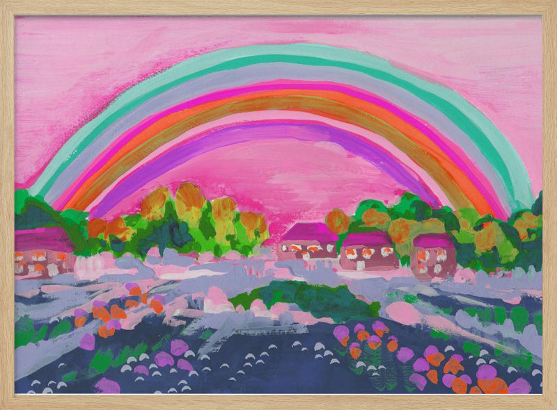 Countryside Rainbow On Pink - Stretched Canvas, Poster or Fine Art Print I Heart Wall Art